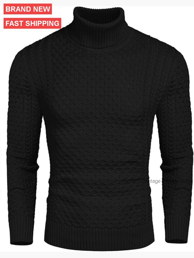 Men's Slim Fit Turtleneck Pullover Sweater, Knitted Twisted Design, Thermal